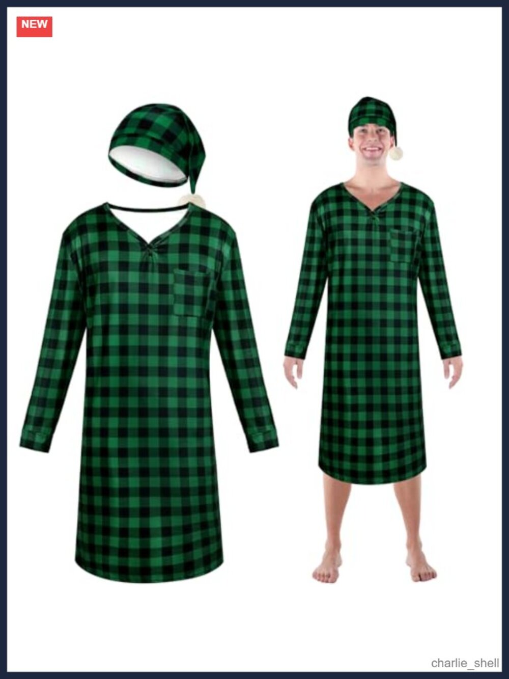 Men's Christmas Pajama Set with Cap Plaid Sleep Shirt V-Neck Short Sleeve